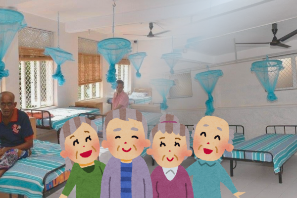 Elderly residents at Shelter4Homeless dormitory with comfortable beds and blue mosquito nets