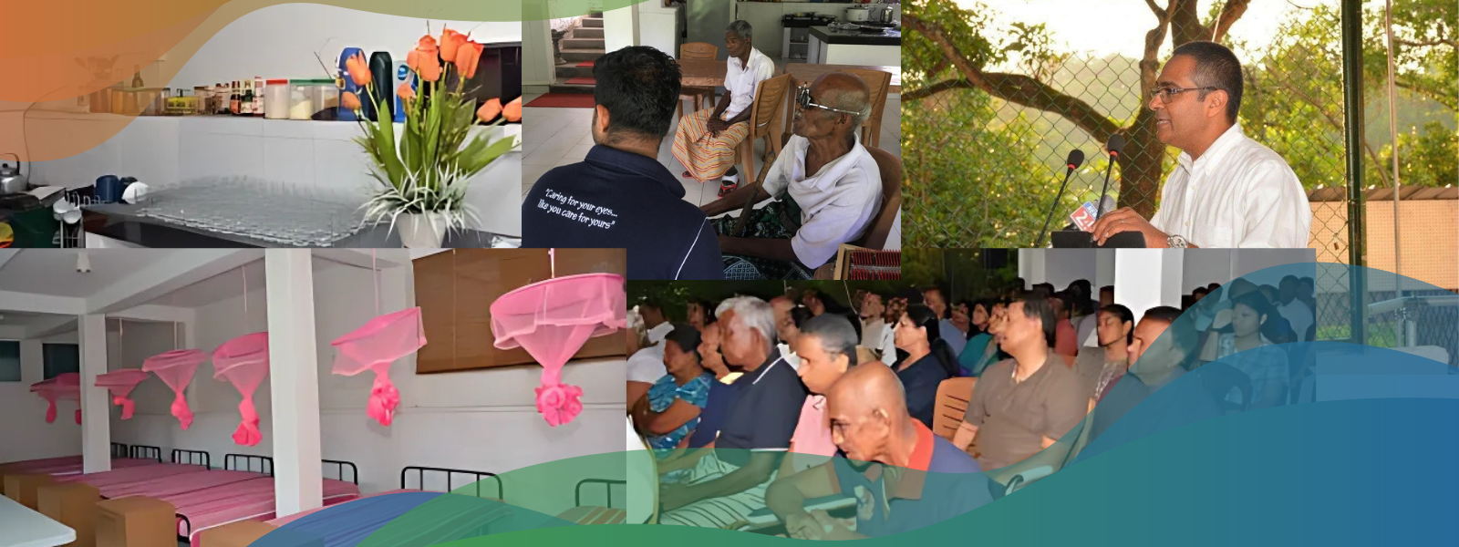 Shelter4Homeless facilities showing kitchen, dormitories with pink mosquito nets, and community events