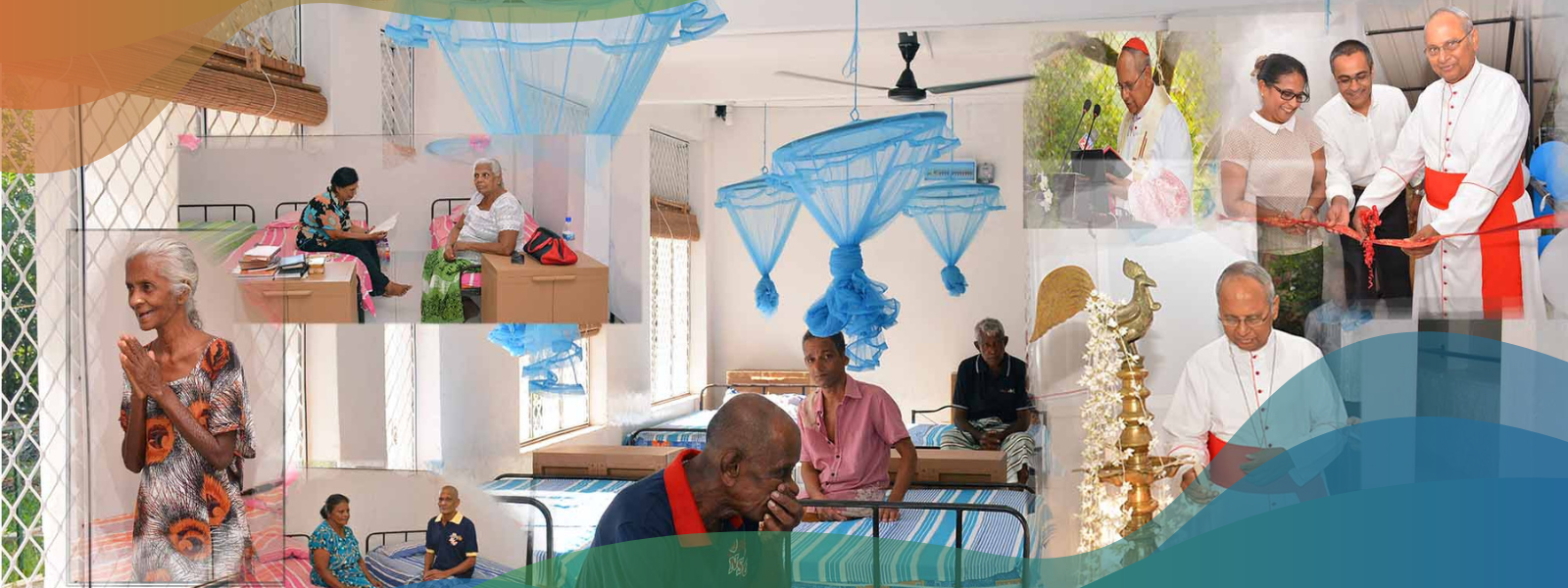Shelter4Homeless residents, dormitories with blue mosquito nets, and Cardinal Malcolm Ranjith at the opening ceremony