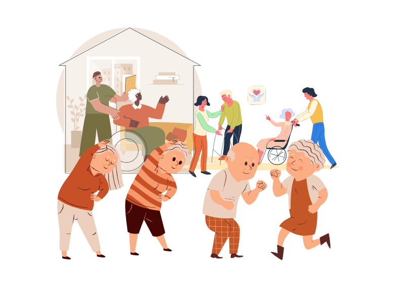Illustration of elderly residents and caregivers at Shelter4Homeless